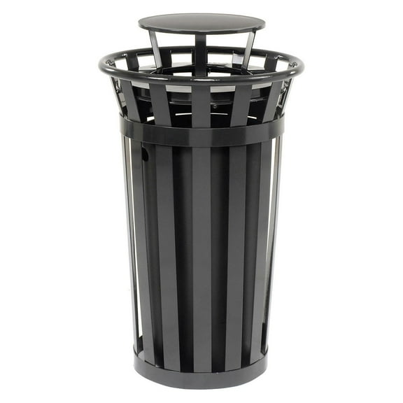 24 Gallon Outdoor Metal Slatted Trash Receptacle with Rain Bonnet Lid, Black