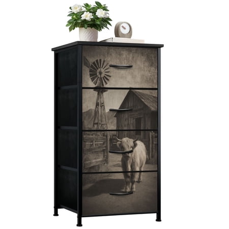 Rustic Farmhouse Dresser for Bedroom with 4 Storage Drawers Scene Highland Cow Barn Faded Mountain Silhouettes Dressers Chest of Drawers Steel Framed Fabric Closet Organizers for Dorm Entryway