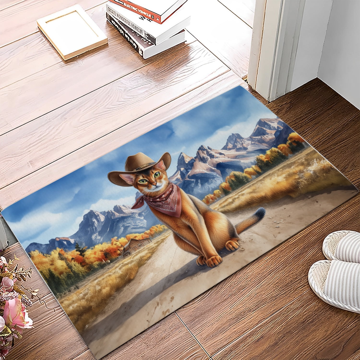 Welcome Fall Western Cowboy Abyssinian Enjoys Majestic Autumn Doormat Cat Lover Kitten Owner Gifts Indoor Outdoor Welcome Mat - 01007