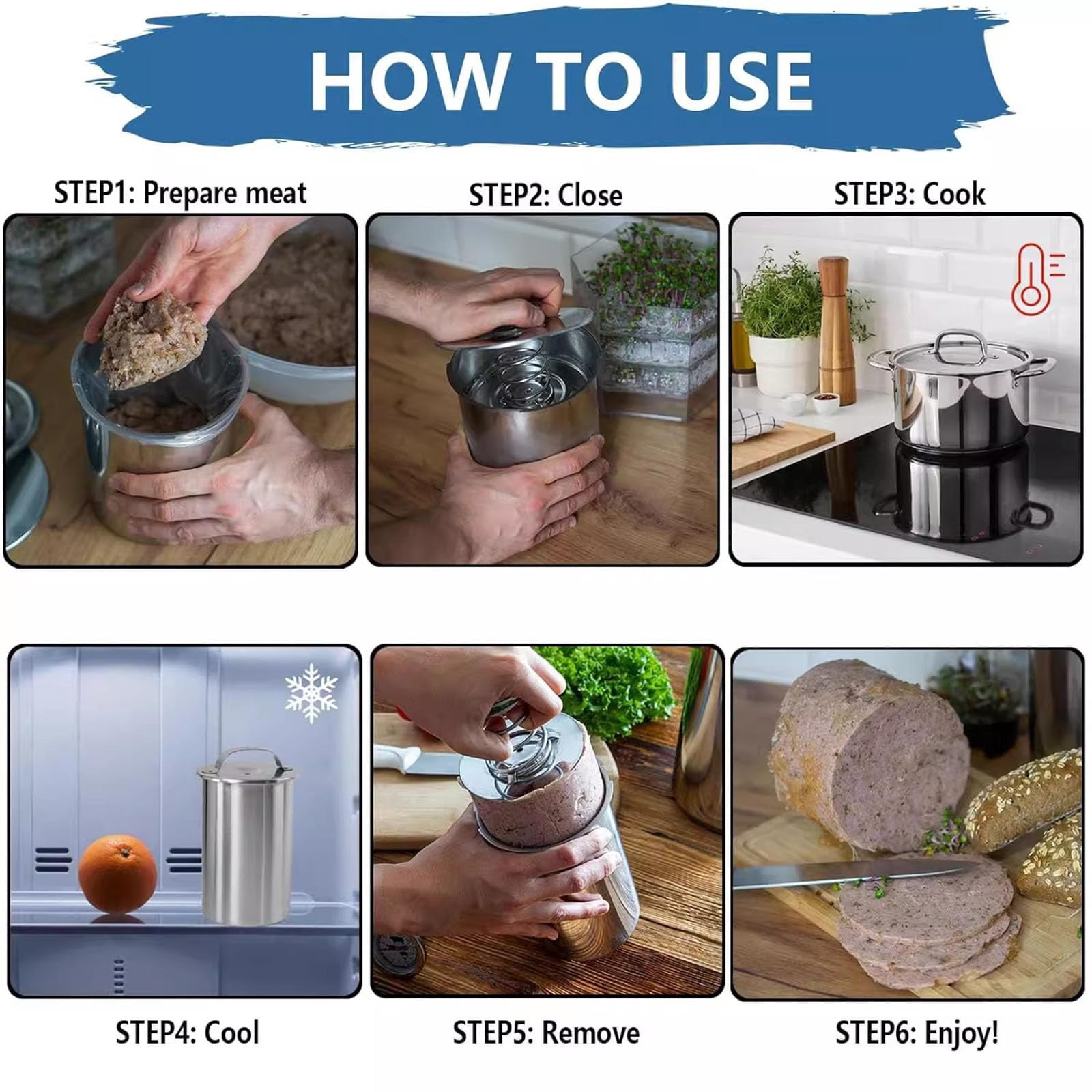 Stainless Steel Deli Meat Press with Thermometer, Food Grade 304 Ham Maker for Healthy Homemade Deli, Sturdy Meat Presser for Kitchen and Camping