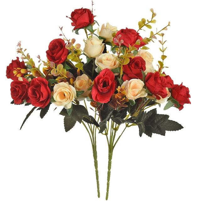 Nvzi Flores artificiales, 2 paquetes de rosas artificiales, 24 pequeñas rosas de seda, flores de plástico, plantas para el hogar, hoteles, bodas, decoraciones de mesas navideñas, color champán rojo
