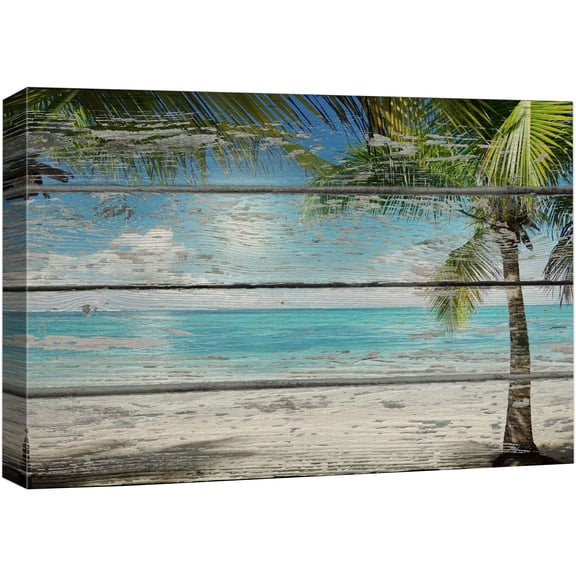 wall26 Canvas Print Wall Art Palm Tree & Blue Ocean on Wood Panels Marine Life Nature Photography Modern Art Nautical Scenic Relax/Calm Multicolor for Living Room, Bedroom, Office - 32"x48&q