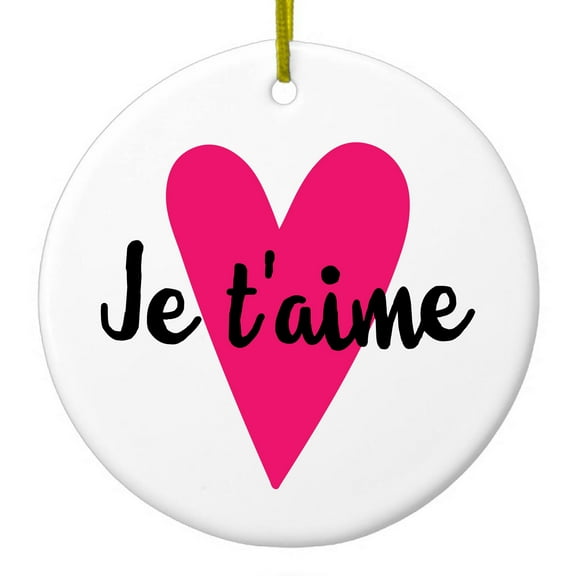 DistinctInk Hanging Ceramic Christmass Tree Ornament with Gold String - Great Gift / Present - 2 3/4 inch diameter - Je T'Aime - Pink Heart