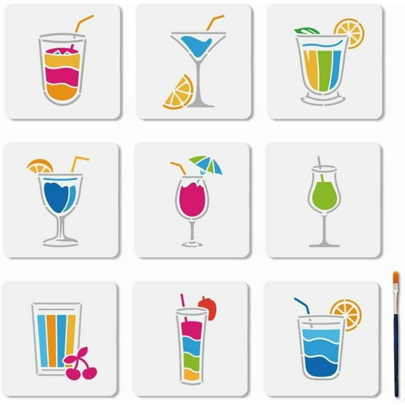9Pcs Drinks Juice Painting Stencils Lemon Cherry Strawberry Drink Stencils 5.9×5.9inch with Paint Brush Reusable Summer Juice Ice Drink Templates