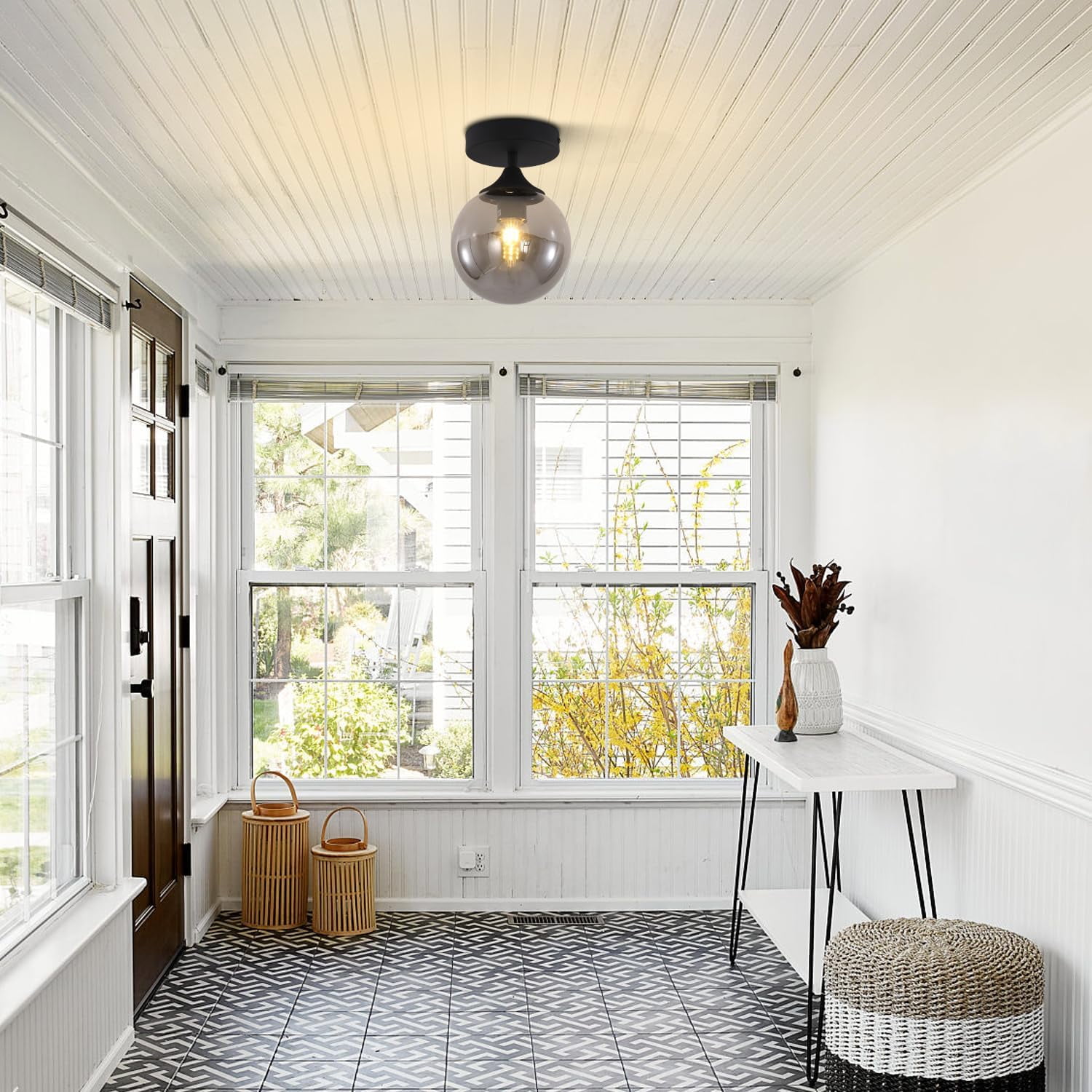 KCO Lighting Mid Century Modern Black Ceiling Light, Smoke Grey Glass Ceiling Light, Industrial Hallway Close to Ceiling Lights