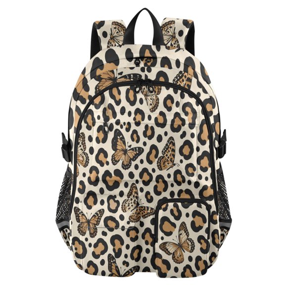 DIXRUYEE Leopard Print Butterfly Pattern Backpack for School 14”Laptop Compatible with Reflective Safety Strips