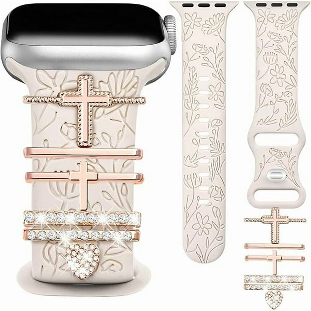 wonima44 Floral Engraved Band Compatible with Apple Watch 42mm 40mm 41mm 38mm Women, Soft Silicone Dressy Straps Decorative with Charms for iWatch Series 10 9 8 7 6 5 4 3 2 1 SE