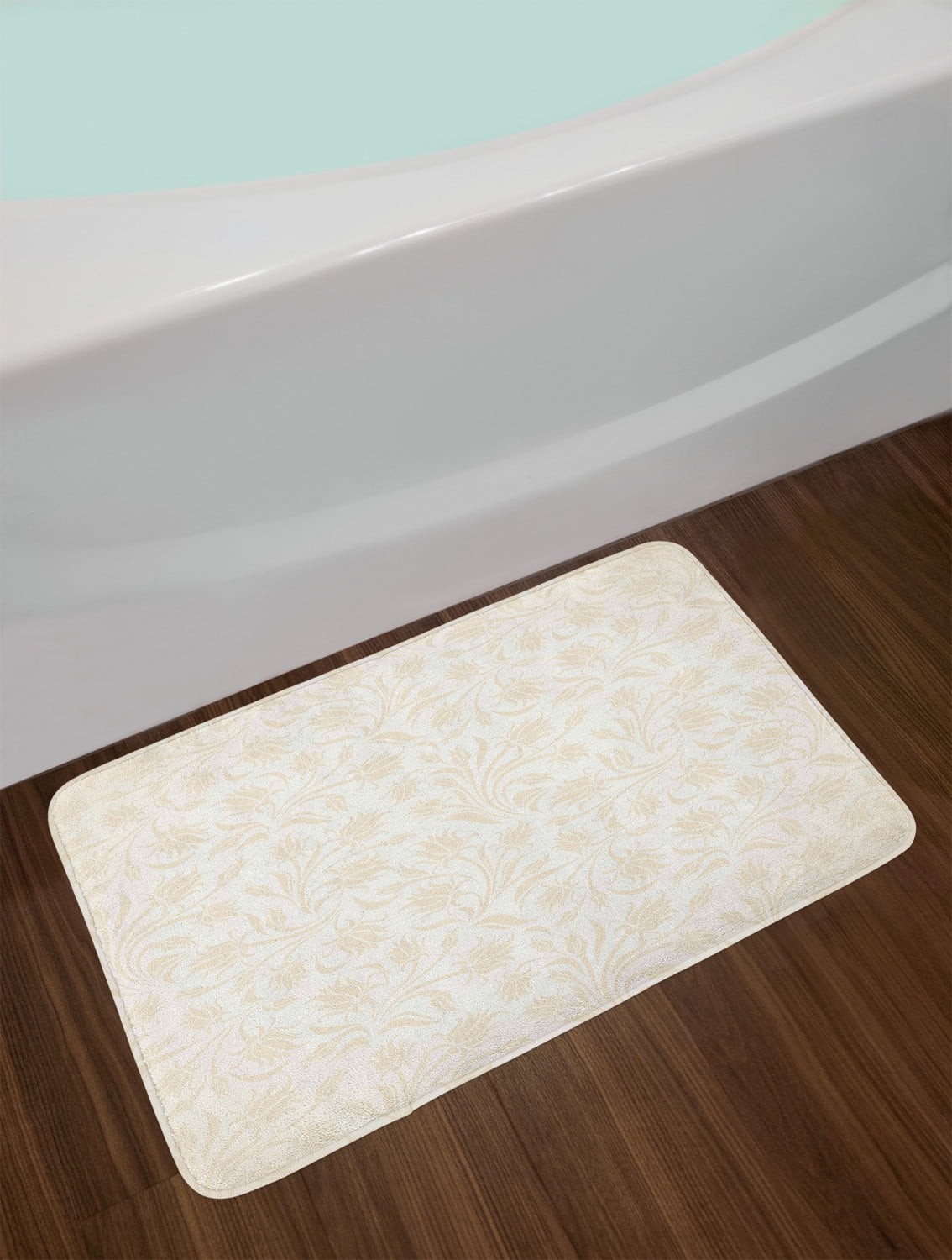 Ivory Bath Mat, Baroque Style Curved Leaves and Floral Blooms Artistic