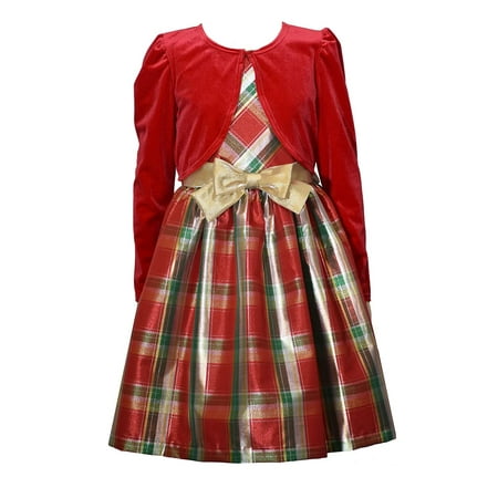 

Bonnie Jean Christmas Dress - Plaid with Red Cardigan for Baby Toddler Little and Big Girls Red Green Gold 3-6 Months