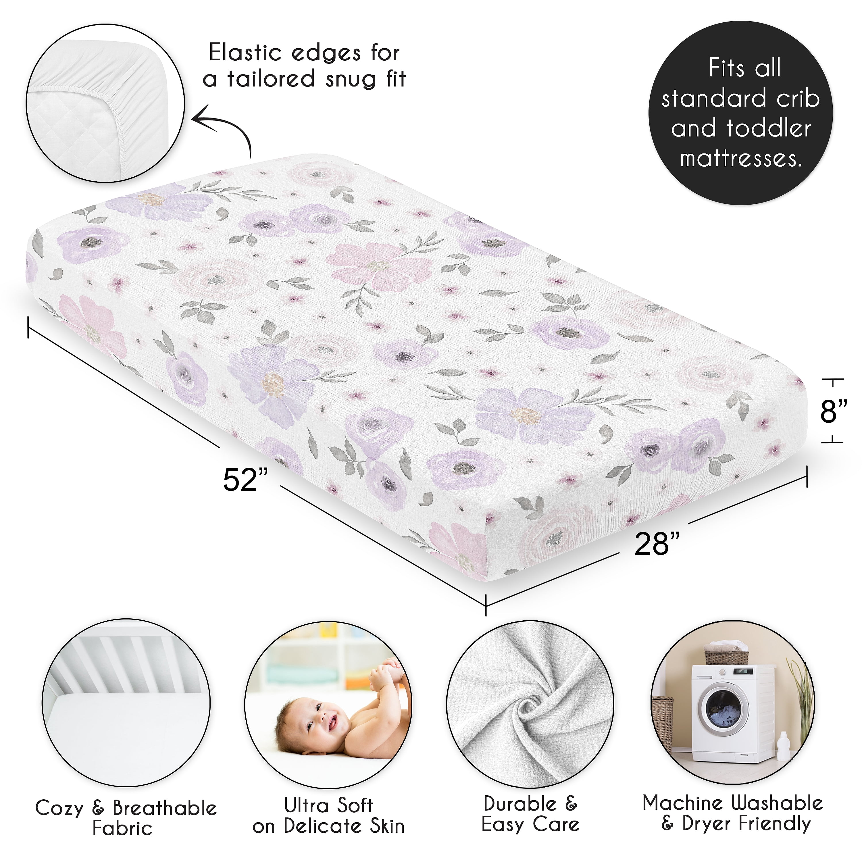 Sweet Jojo Designs Watercolor Floral Lavender And Grey Girl 100% Cotton Muslin Fitted Crib Sheet