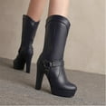 thumbnail image 6 of Blue Solid Color Mid Calf Boots For Women With Belt Buckle And Platform Heel High Heel For A Fashionable Winter Look, 6 of 6