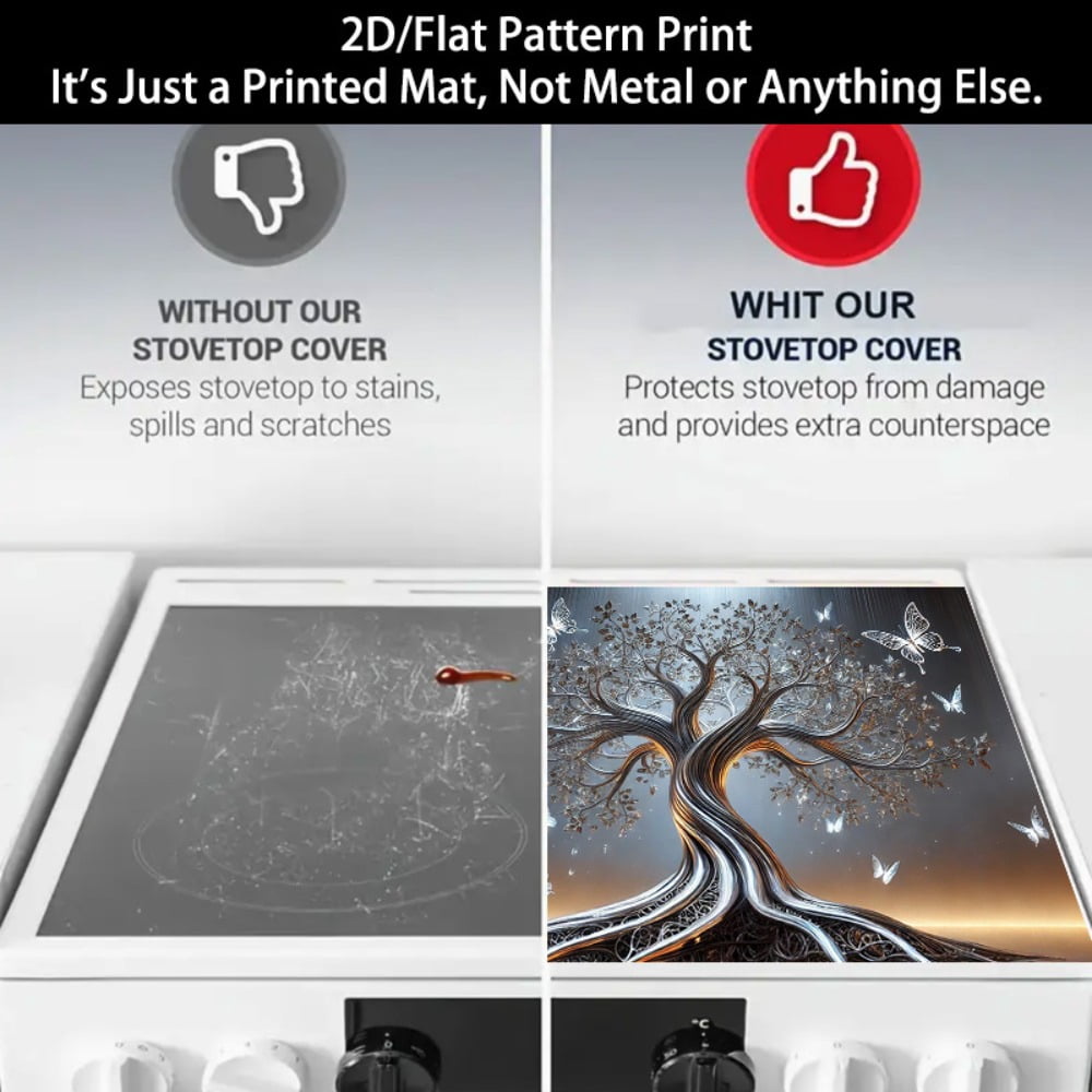 1 2D/flat stove cover protection pad, silver-brown crystal butterfly decorative tree pattern design, 28.3x20.5 inches (72×52cm), easy to clean, perfectly suitable for any kitchen, washing machine, dr