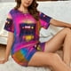 thumbnail image 4 of Balery Neon Cassette Tape Conjunto de Pijama para Mujer con Estampado, Dos Piezas de Manga Corta y Shorts, Ropa de Dormir Suave con Cuello Redondo y Bolsillos-Medium, 4 of 6