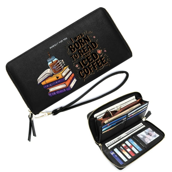 GEEAD Lightweight Women's Clutch Wallet Personalized Wallet for Women Iced coffee Colorful books Skeletal hand Zipper Coin Pocket Large Capacity Zip Around