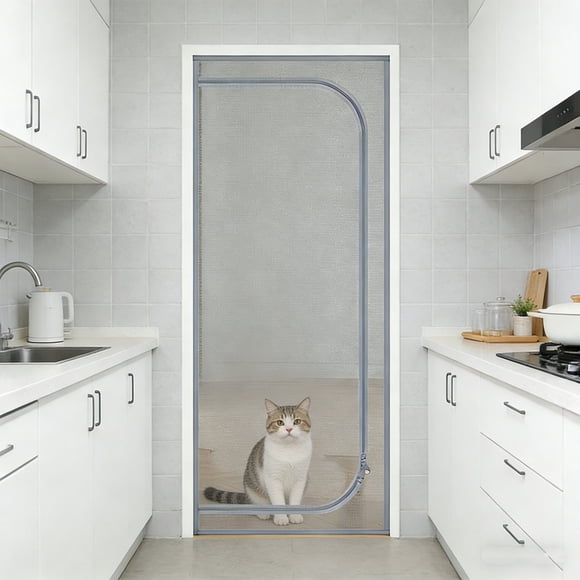 Zippered Door Curtain Pet Proof Screen, Xinsrenus No Drilling Insect Proof Mesh Door Curtain Foldable Design, 33.46x82.68in Mosquito Proof Mesh Screen for Patio Balcony Kitchen with, Gray