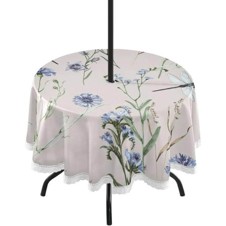 

Hyjoy Dragonfly Flower Pattern 60 Inch Round Tablecloth with Zipper Umbrella Hole Washable Spillproof Table Cloth Decorative for Picnic Camping Indoor and Outdoor
