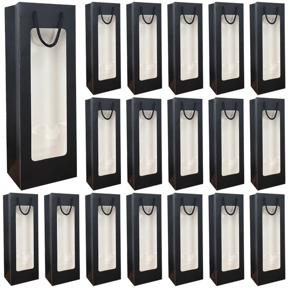 24 Pcs Wine Bottle Gift Bags with Window, Black Paper Wine Bags with Handles, 14 in/36 cm Tall, Reusable Elegant Design, Ideal for Any Occasion