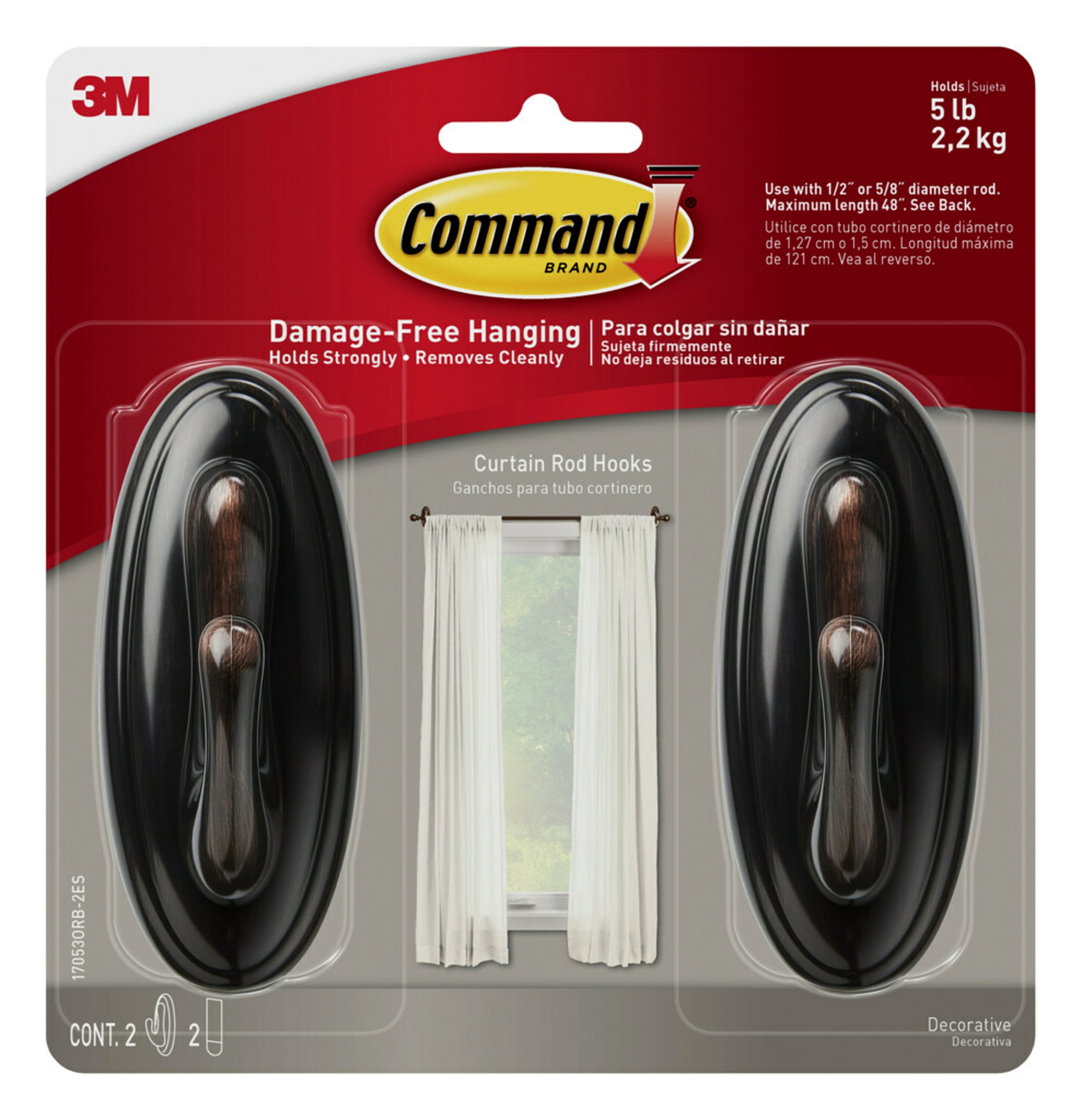 Command Curtain Rod Hooks, 2 Hooks, 2 Strips Per Pack