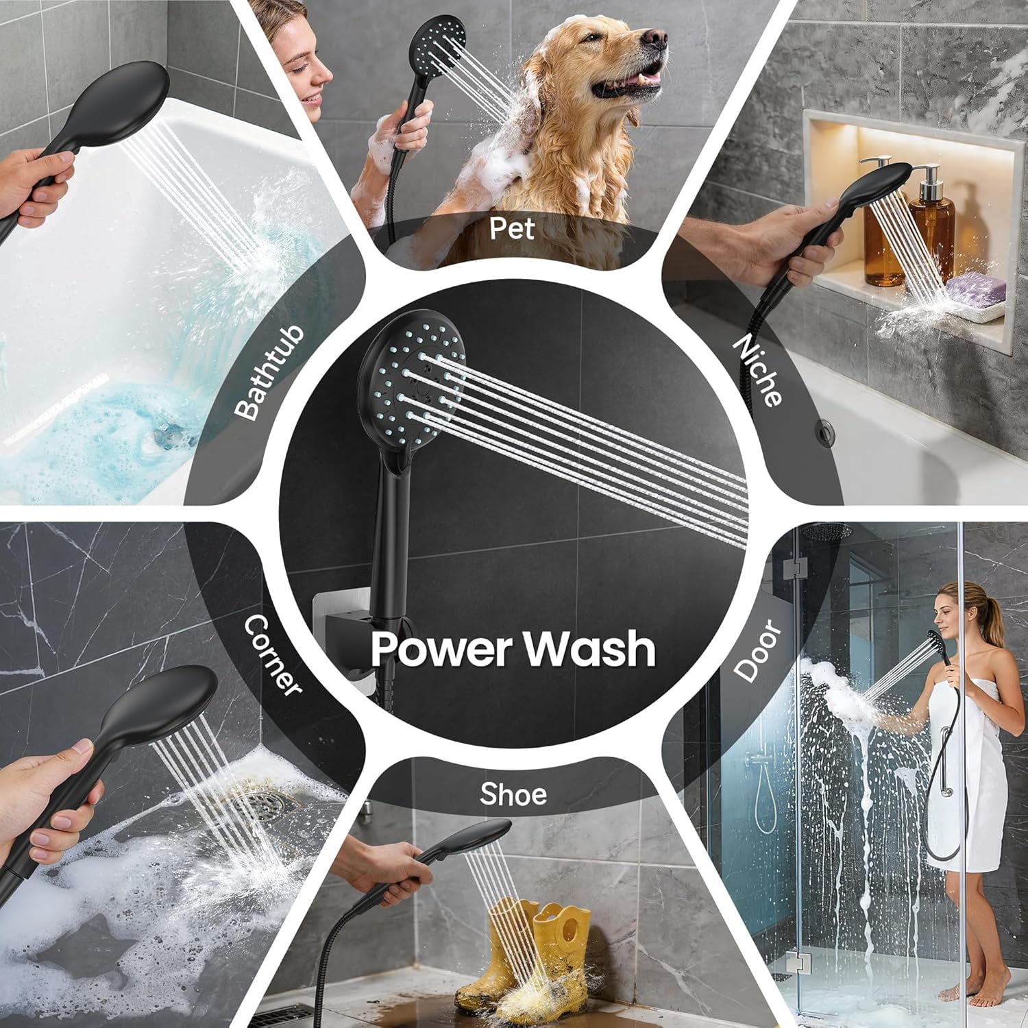 High Pressure Rain Shower Head with Multi-Functions, Square Rainfall Shower Heads with 5-Mode Handheld Spray Combo, Detachable Hand Held Showerhead with Hose, Double Regaderas Para