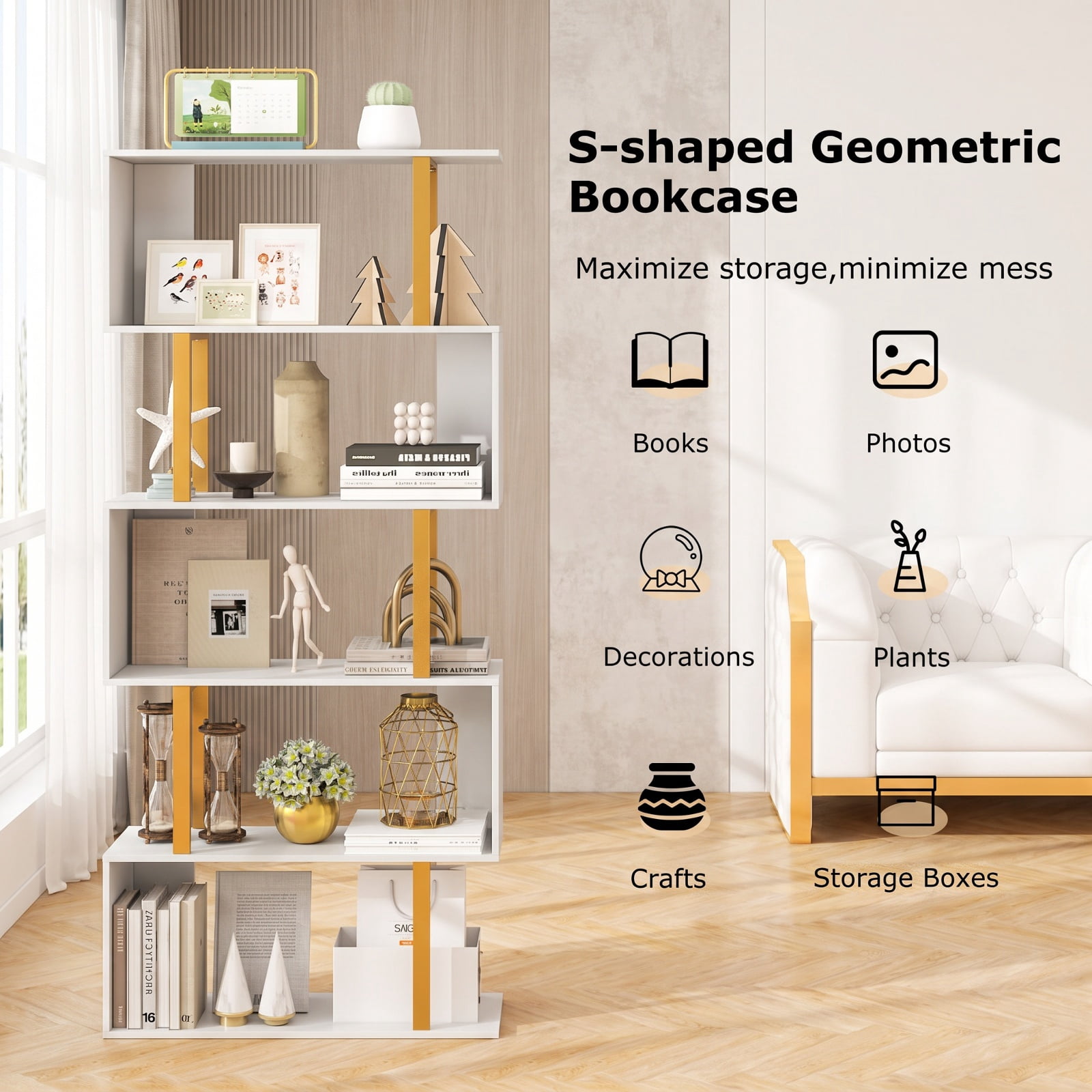 Furnibear 5-Tier/6-Tier Geometric Bookcase with Metal Frame and Anti-tipping Kits-5 Tier for Living Room Home Office Bedroom Display Storage, White