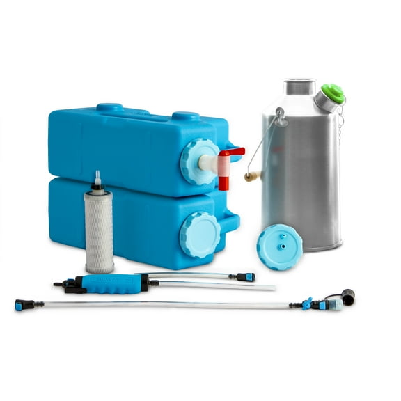 Sagan Life Complete Emergency Kit - AquaBrick Portable Water Purification System, 2 Water Storage Containers, Spigot, Kelly Kettle Base Camp Stainless Steel Camp Kettle, Camping Survival Gear