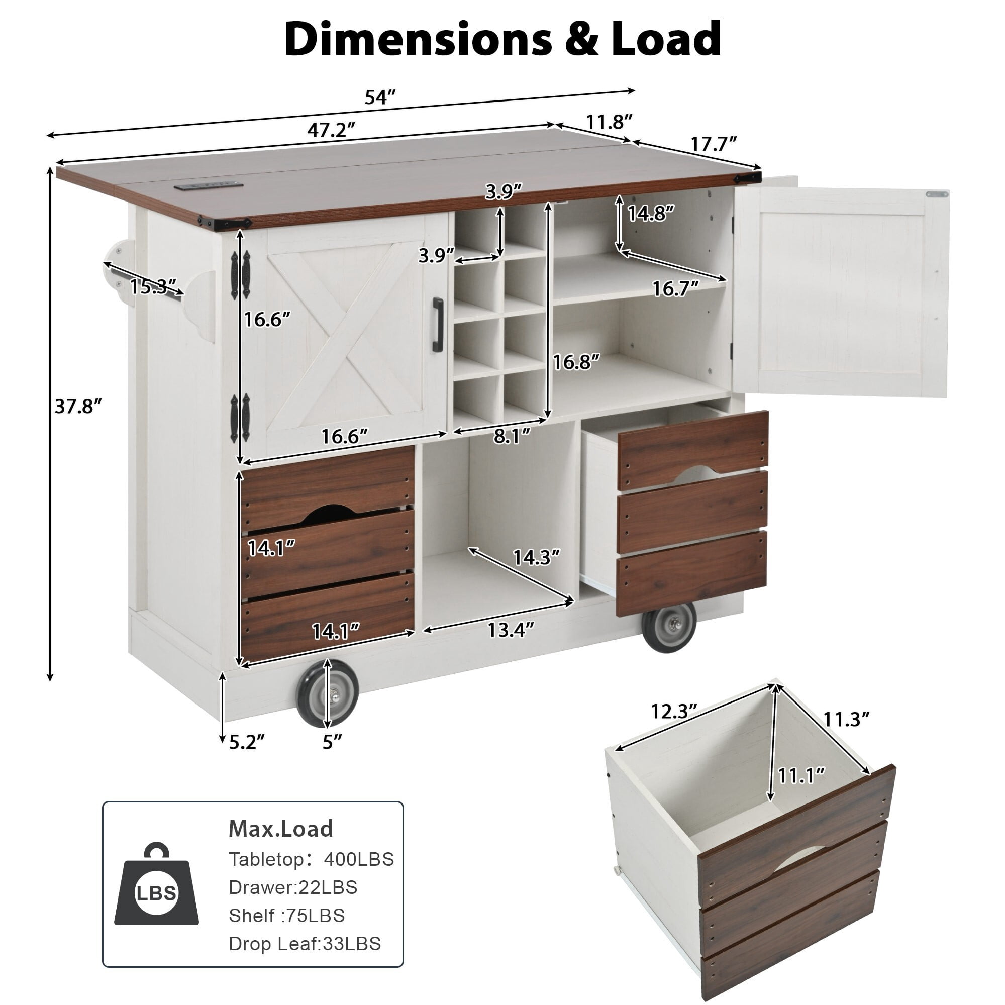 DEALTOPS Farmhouse Mobile Kitchen Island with Outlets | Foldable Tabletop, Drawers, Wine Rack | White with Rustic Brown