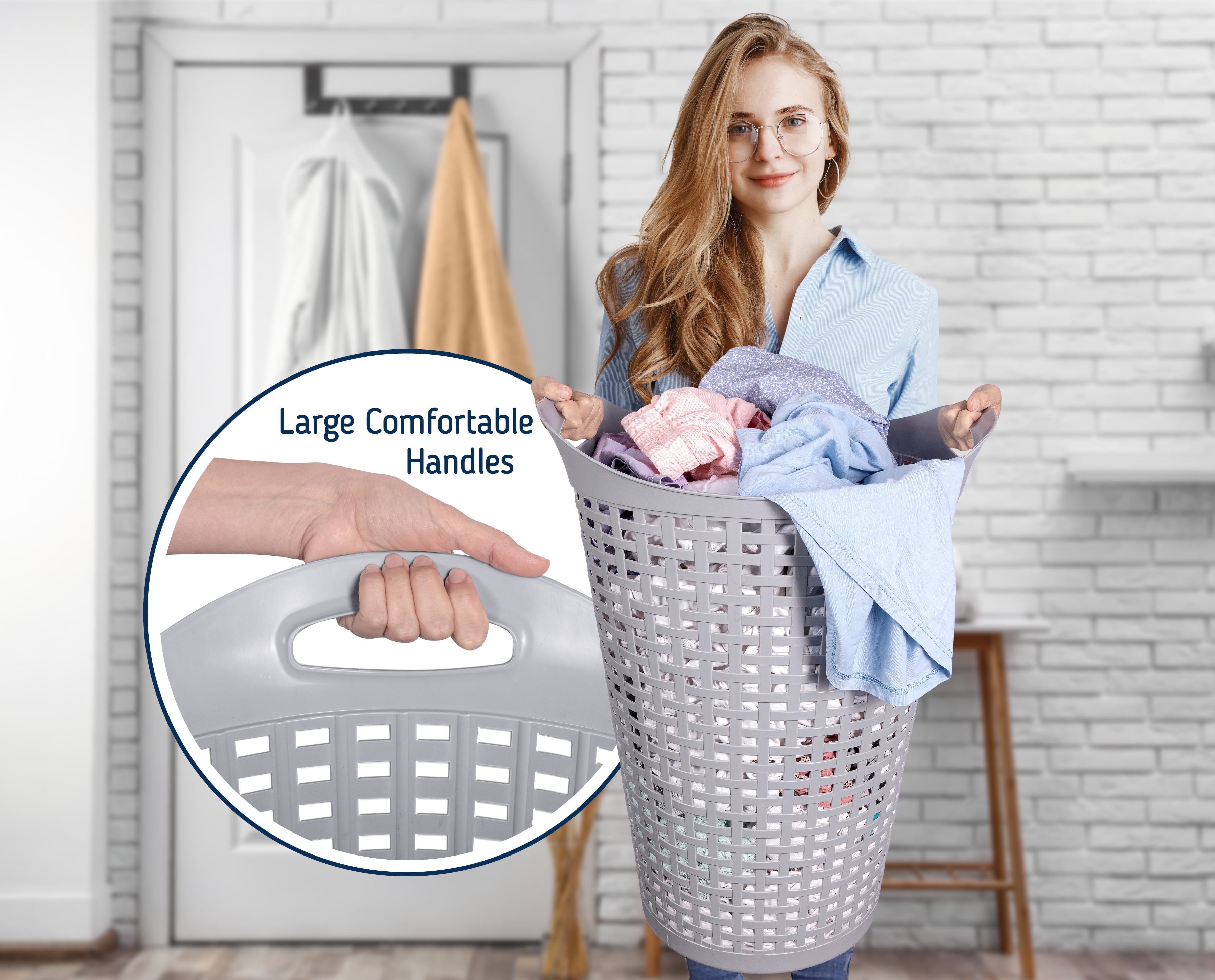 Mainstays Flexible Round Wicker Plastic Laundry Hamper, 3 Pack, Soft Silver