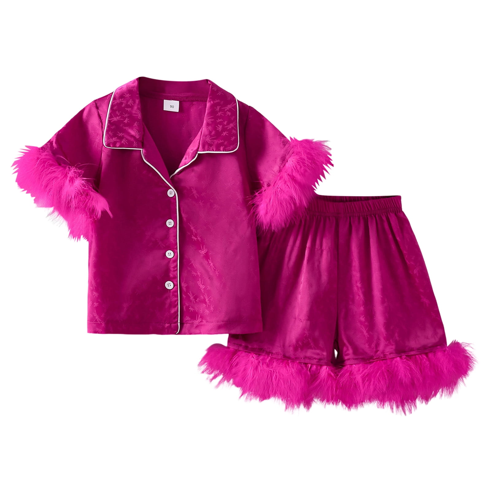 Pandaie Baby Girl Pajama Set Button Down Feather Trims Short Sleeve Shirt Shorts Satin Sleepwear Outfit Kids Nightwear Loungewear Clothes 1-10 Years Hot Pink