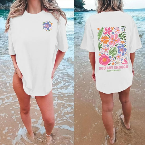 MKLEKYY Camiseta Camisetas Playeras Holgadas De Algodón Para Mujer, Camisetas Holgadas Vintage Para Vacaciones De Verano Talla M