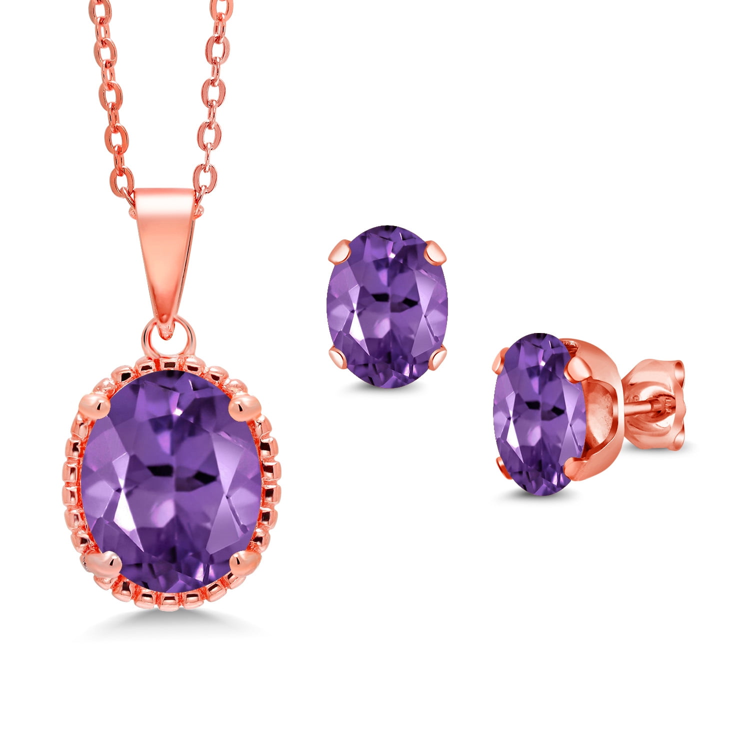 Gem Stone King 5.50 Ct Purple Amethyst 18K Rose Gold Plated Silver Pendant and Earrings Jewelry Set
