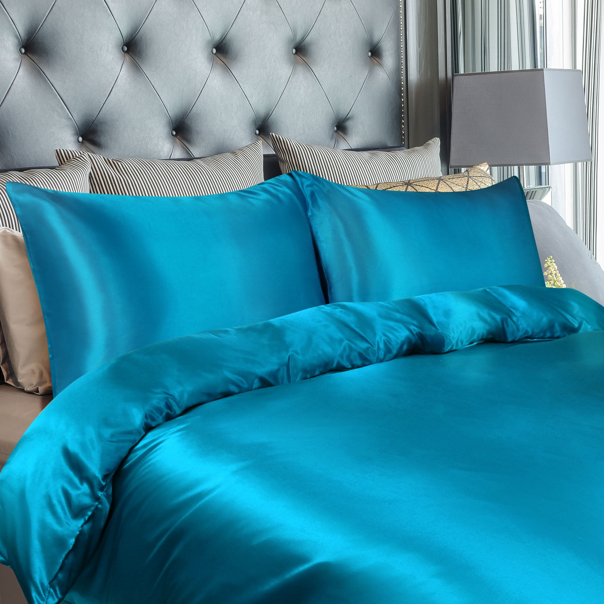 Unique Bargains Satin Duvet Cover Set of 3 with 2 Pillowcase Twin Peacock Blue
