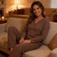 thumbnail image 5 of MecTo Women Pajamas Sets, Lady Waffle Button Down Shirts Long-Sleeved PJ, Brown, 2 piece, Size S, 5 of 8
