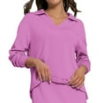 thumbnail image 6 of YUGYXL Women's Side Split Sweatshirt Lounge Solid Color Long Sleeve Clothes V Neck Collared Blouses Pink M, 6 of 8