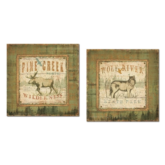 Green Rustic Pine Creek Moose and Wolf River Adult Lodge Decor; 2 - 12" x 12" Un-Framed Posters