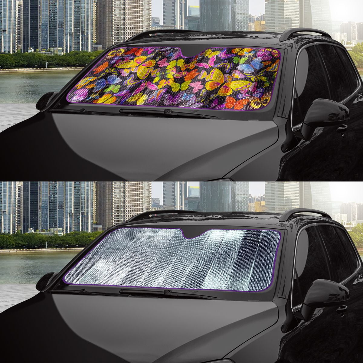 Auto Drive 1 Count Purple Butterfly Universal Fit Windshield Accordion Sunshade, Product Size 63'' x 28.5''