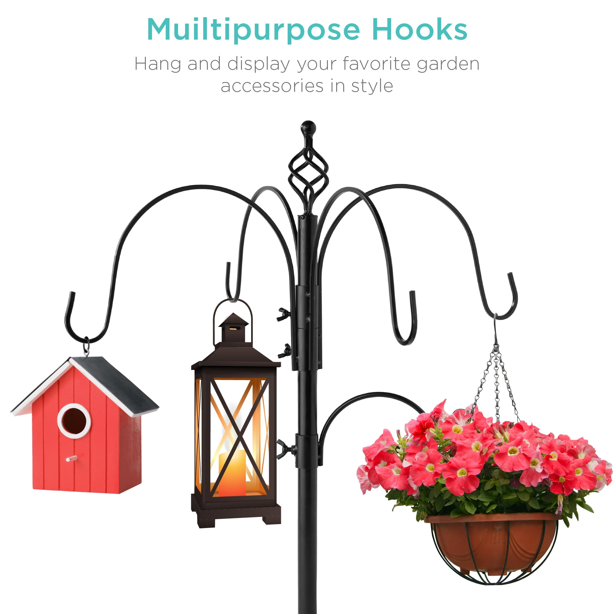 Best Choice Products 89in 6-Hook Bird Feeding Station, Steel Multi-Feeder Stand w/ 4 Feeders, Tray, Bird Bath - Black