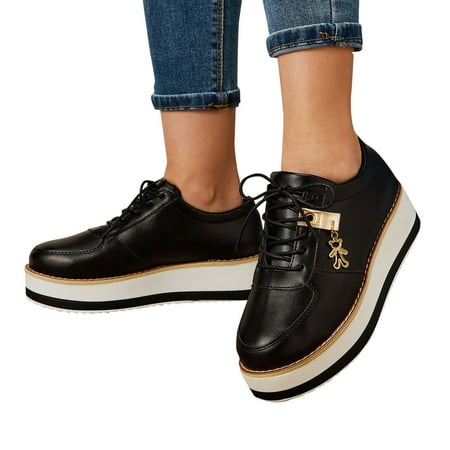 

f21 Womens Fashion Solid Color Leather Round Toe Lace Up Platform Casual Shoes Womens Platform Sneakers Size 7 Black Wide
