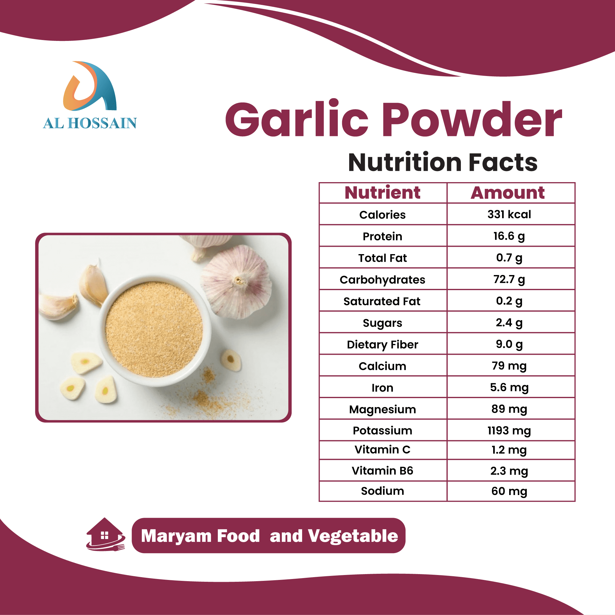 Al Hossain Indian Natural Garlic Powder bulk 11 LBS/ 5kg (176 oz). Gluten-Free. Garlic powder seasoning. Bold Flavor & Natural Aroma for Cooking.