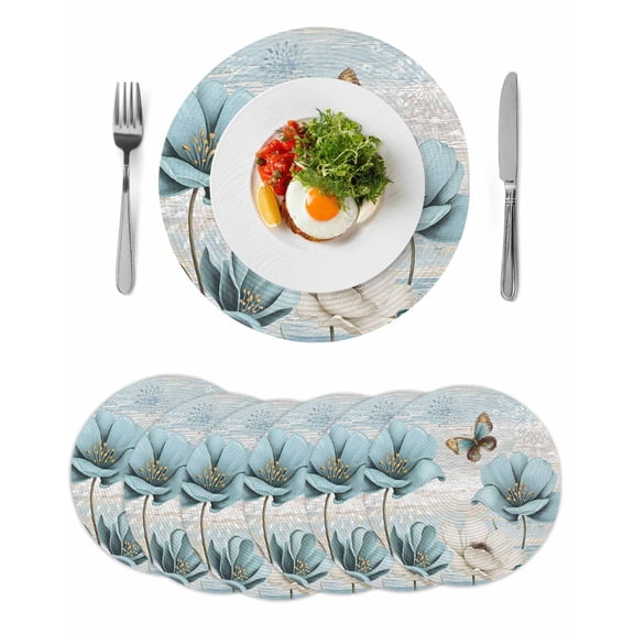Spring Floral Round 15 Inch Placemats Set of 6, Vintage Tulips Flower Butterfly Retro Wood Blue HeatResistant Non Slip Place Mats for Dining Table, Wipeable Kitchen Table Mats for Housewarming