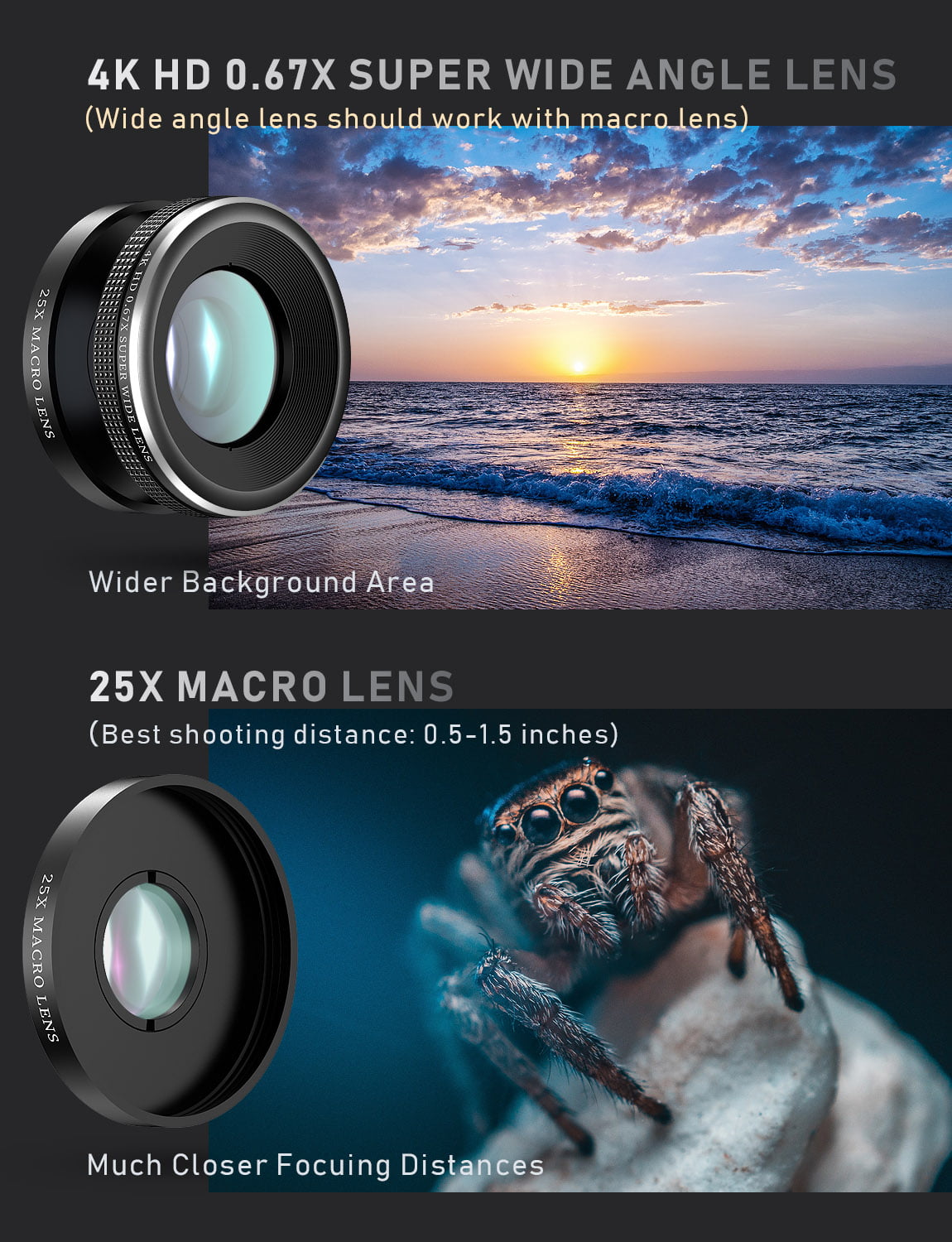 205° Fisheye Lens 22X Telephoto Lens 4K HD 0.67X Super Wide Angle Lens & 25X Macro Lens Phone Camera Lens Phone Lens for iPad iPhone Samsung Android Pixel Huawei One Plus 
