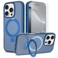 thumbnail image 1 of Asuwish Phone Case for iPhone 16 Pro 6.3 inch Tempered Glass Screen Protector Magnetic Folding Stand Frosted Translucent Rugged Shockproof Protective Cell Cover i Phone16 i16 16Pro Women Men Blue, 1 of 7