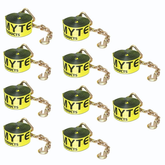 (10 Pack) 3"X30' Winch Straps w/chain, WLL 5000  Flatbed Tie Down Strap