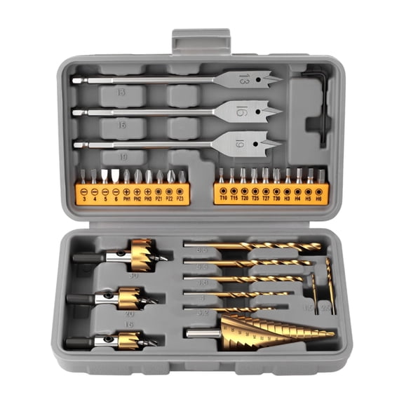 UU&T 35Pcs Compact Home Drill Bit Set, Wood Drill Bits for Wood & Metal, Twist Bits, Hole Saws, Step Bit 4-32mm, Spade & Screwdriver Bits, Hex Key