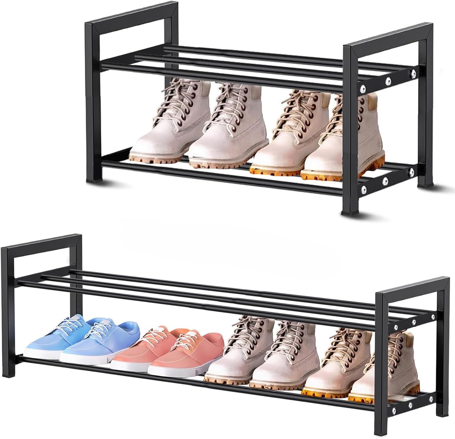 Expandable Shoe Rack Small Shoe Storage Narrow Shoe Racks Metal Show Rack Slim Shoe Shelf for Entryway Wardrobes Small Space,Free Standing Extendable Adjustable Shoes Rack for Closet (Black, 2 Tier)