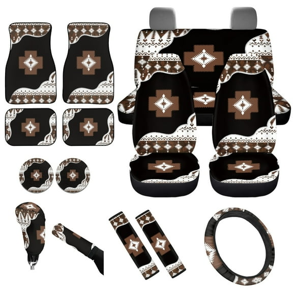 Yuyamidu Aztec Western Car Front Rear Seat Covers Geometric Car Floor Mats Steering Wheel Cover Seatbelt Cushion Handbrake Cover Shift Gear Knob Cover Cup Holders, 15 Piece