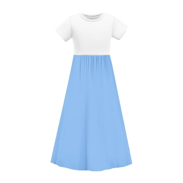 Ohufall Robe Bébé Fille Ligne A 4-14T Manches Courtes Patchwork Extensible Respirante Longue Robe Fille