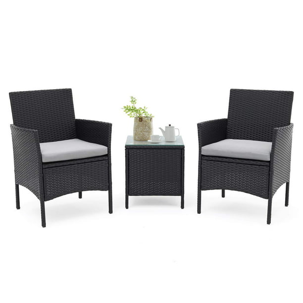 Suncrown 3 Piece Patio Furniture Outdoor Bistro Set 2 Wicker Chairs With Glass Top Table All Weather Black Wicker And Gray Cushions Walmart Com Walmart Com
