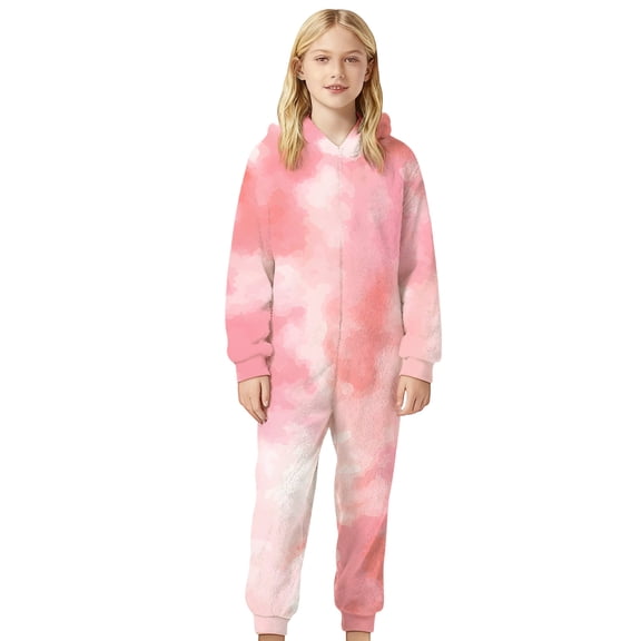 WOYY Toddler Girls Flannel Union Suit Pajama Tie Dyed Hooded Jumpsuit, Sizes 4-5T