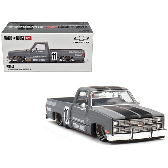 Chevrolet Silverado "KAIDO V2" Pickup Truck #11 Gray with Black Stripes (Designed by Jun Imai) "Kaido House" Special 1/64 Diecast Model Car by Mini GT