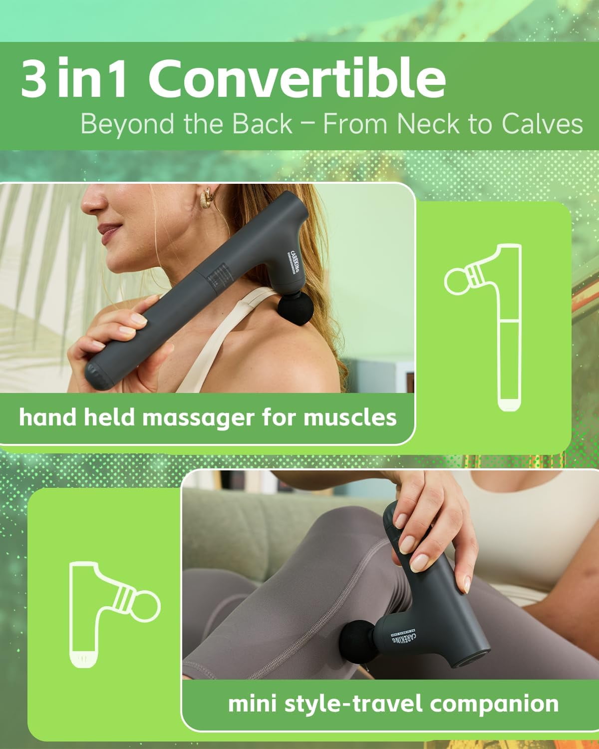Convertible 3-in-1 Massage Gun Deep Tissue with Extended Handle for Back Pain Relief